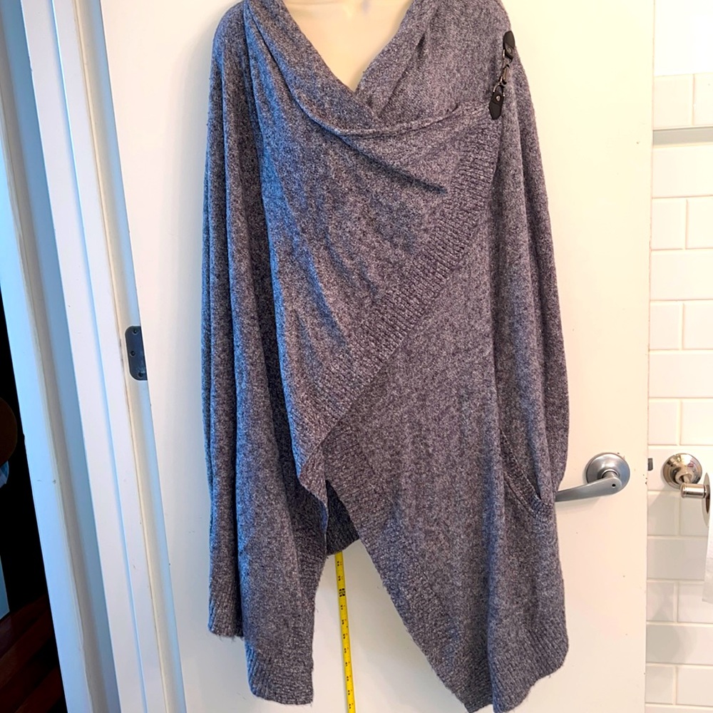 COPY - Colour works xl draped collar bone closure cardigan/ cape. Blue heathered